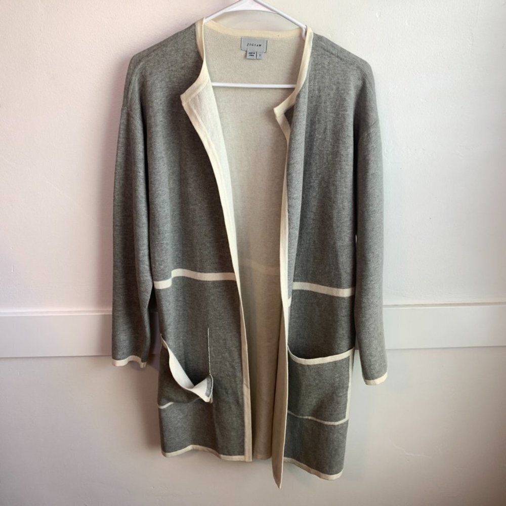 Jigsaw Gray & Off White Open Long Sleeve Cardigan